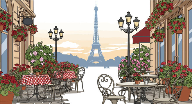 Illustration of a Parisian cafe scene with tables and chairs adorned with red checkered cloths and vibrant red flowers, set against the iconic Eiffel Tower in the distance