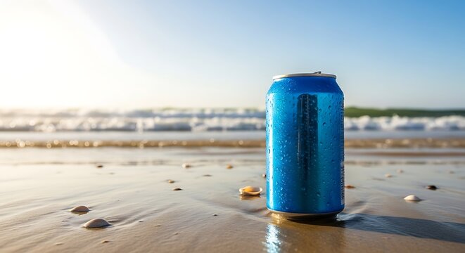 Littered beach with a discarded soda can near the water's edge. lata refresco