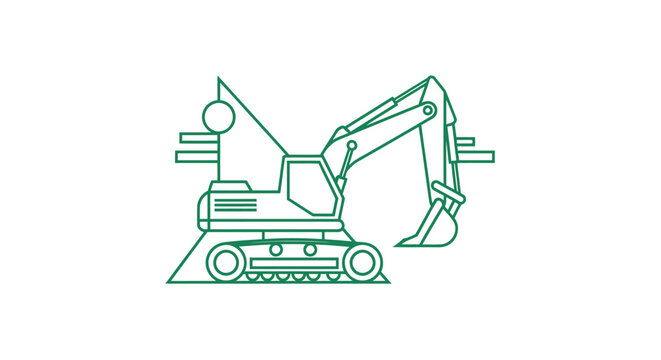 Green Line Art Illustration of a Construction Excavator Machine.