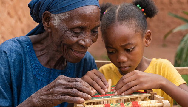 Elderly African Grandmother in Indigo Boubou Teaching Young Granddaughter Traditional Kente Weaving on Small Handloom Together in Warm Earthy Courtyard for African Heritage and Generational Culture
