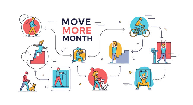Illustration for Move More Month promoting physical activity awareness with diverse people engaging in various exercises and healthy habits in a colorful, stylized design.