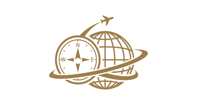 Elegant Travel Logo Featuring Compass, Globe, and Airplane Imagery.