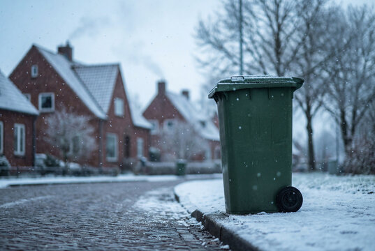 Green wheelie bin for trash collection on a suburban street during a cold winter snow day