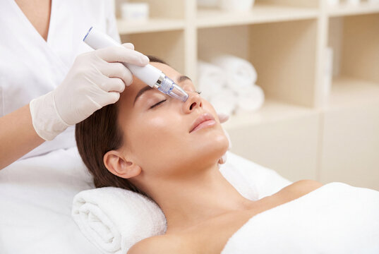 Woman receiving a vacuum pore cleaning facial treatment on her nose at a beauty clinic