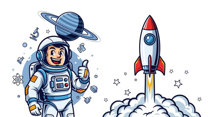 Cartoon depiction of a smiling astronaut giving a thumbs up next to a rocket launching with smoke and a Saturn-like planet above, set against a clean white background, conveying a playful © Asap