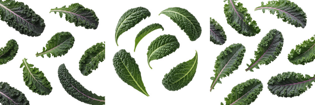 Fresh Kale Leaves Set: Realistic Curly Green Kale and Tuscan Cavolo Nero Foliage Isolated on White Background
