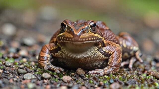 Closeup of a brown frog sitting on the ground.