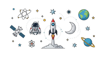 Flat lay of a space exploration cartoon illustration featuring a rocket launching, astronaut suit, Earth, moon, Saturn, and satellite against a clean white background, creating a whimsical © Asap