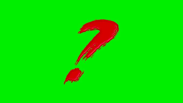 Liquid red paint brush stroke question mark symbol on green screen background