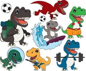 Collocation of Dinosaur Sport Fun Activity and Explore Flat Design in Various Color Dino Mascot for Nursery, Print, Poster Cartoon Vector © SisterStroke