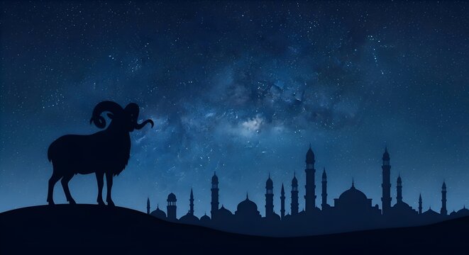 Silhouette of a ram against the blue starry sky and buildings of a Muslim city, celebrating the religious feast of sacrifice Eid al-Adha.