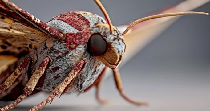 Ultra-realistic cinematic macro capture of a vibrantly patterned moth, showcasing intricate scales, delicate antennae, and large compound eyes in stunning detail