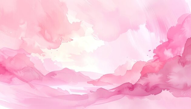 A delicate watercolor wash creates a soft, ethereal landscape in varying shades of pink.