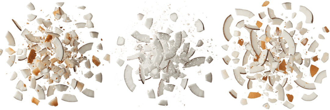 Dry Coconut Flakes and Fresh White Coconut Chunks flying dynamically, Levitating Cocos Nucifera elements in air - Noix de Coco Volante - Coco Volador - Fliegende Kokosnuss - Tropical Ingredient