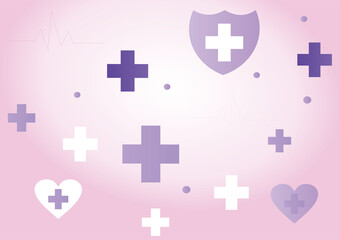 Obraz premium Minimal Healthcare Background with Medical Cross and Heart Symbols for World Health Day Awareness, Soft Pink and purple Medical Poster Design