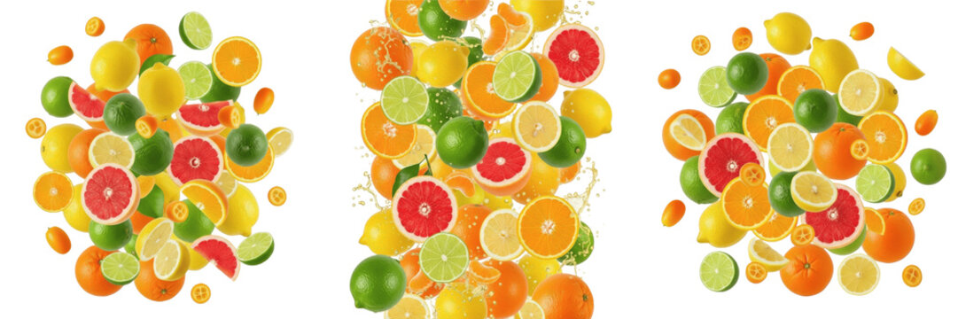 Citrus Fruit Medley of Oranges, Lemons, Limes Flying in Air, Dynamic mix of Citrus species pieces and juice splashes - Fruits Citrins Volants - C&iacute;tricos Voladores - Fliegende Zitrusfr&uuml;chte