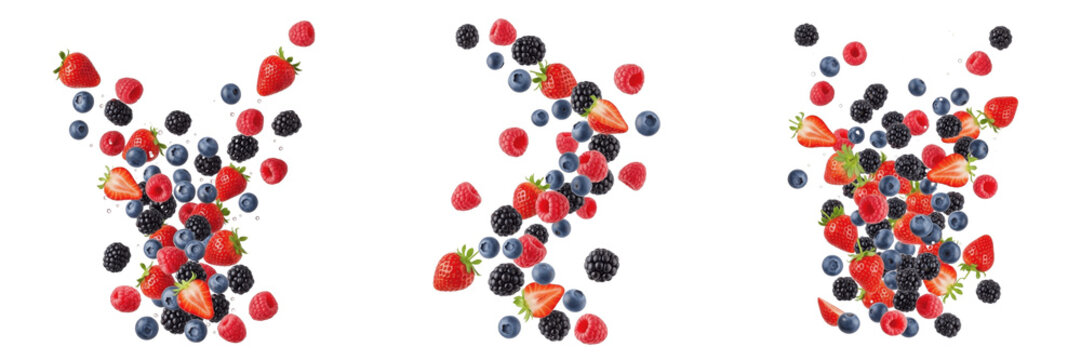 Forest Berry Medley of Strawberries, Blueberries, Raspberries flying in air, Dynamic mix of mixed berries dynamically levitating - Baies Volantes - Bayas Voladoras - Fliegende Beeren