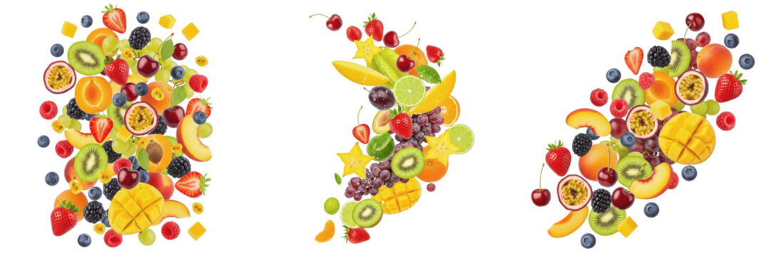 Mixed Seasonal Fruits Flying in Air, Fresh Harvest of the Year - M&eacute;lange de Fruits de Saison - Mezcla de Frutas de Temporada - Gemischtes Saisonobst - Sustainable Farm Fresh Food