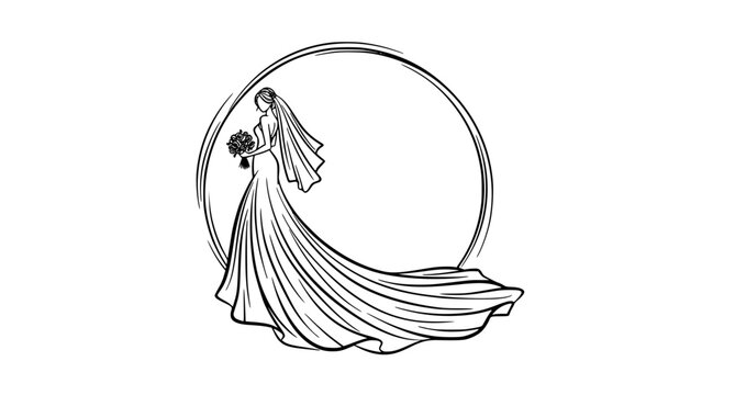 Decorative bride in wedding dress line art vector with flowing train in elegant circular composition design