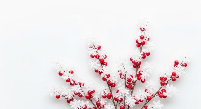 A festive Christmas arrangement of red berries and white snowflakes on a white background, with a white border.