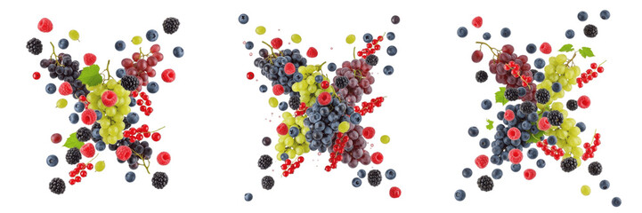 Grapes and Berries Mix Flying Dynamically, Vitis Vinifera and Forest Berry Blend - Mélange de...