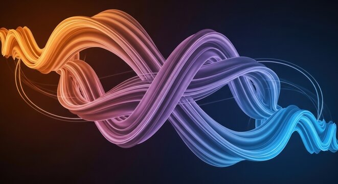 A colorful, abstract, 3D rendering of a twisted, flowing, and wavy pattern with a gradient of orange, purple, and blue hues, set against a dark background with a gradient of black to dark blue.
