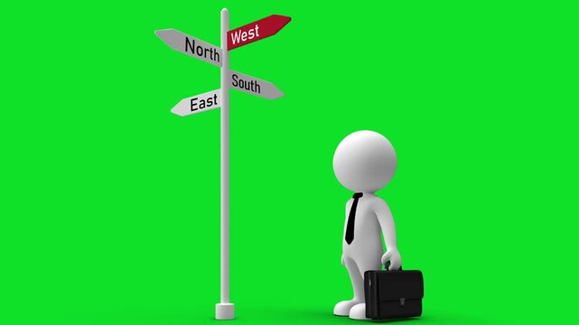 3D Businessman at a Crossroads Choosing the Right Career Path and Business Strategy Direction on a Professional Green Screen Background Illustration for Corporate Presentations.