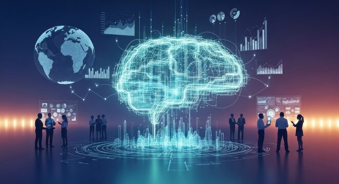 A group of people standing in front of a large, glowing brain with various data and graphs floating around it, 