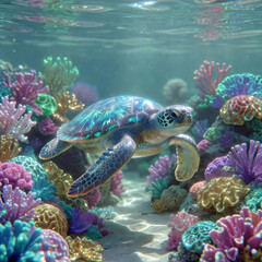 Obraz premium A turtle with glass-type glossy glowing in a sea. corrals also on beautiful colorful glossy type. Focus on turtle. 