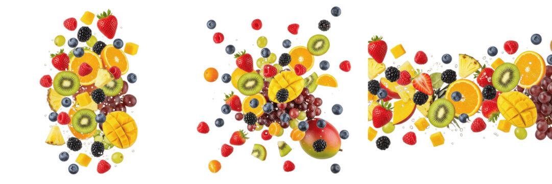 Mixed Fruit Explosion Full Frame Flying, Cinematic Food Burst and Splash - Explosion de Fruits Plein Cadre - Explosi&oacute;n de Frutas - Fruchtexplosion Vollbild - Energetic Food Art