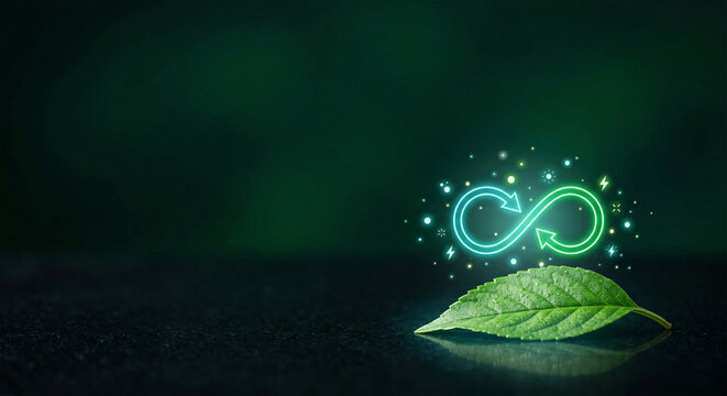 Sustainable development and eco-friendly concept with metallic infinity sign and green leaf on wood floor, Sustainability,Renewable Energy, Environmental Balance, Endless growth