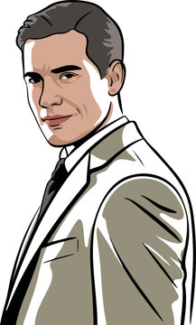 Professional businessman portrait in suit with confident expression and classic comic style line art design.