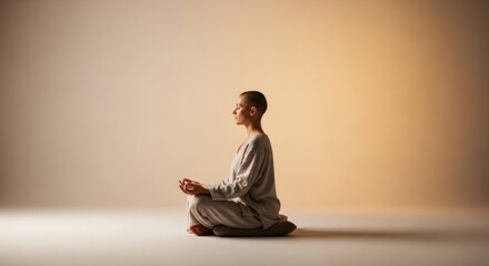 Fototapeta premium A person with short hair, wearing a gray robe, is sitting in a lotus position on a beige floor against a plain beige wall.