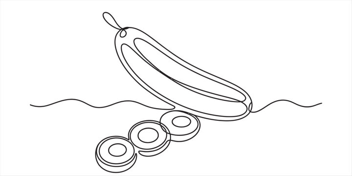 A single continuous line drawing of a fresh cucumber with slices isolated on a plain white background Vector, illustration