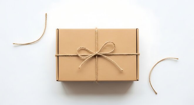 Cardboard Box Tied with String and Bow on White Background, Top View.