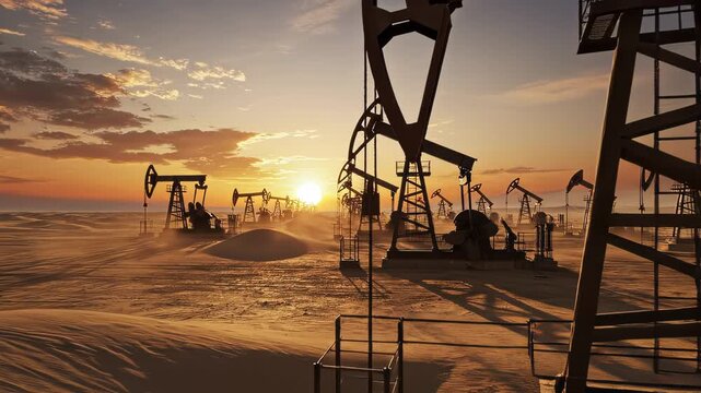 Oil pump jacks silhouette at sunset in the desert industrial oil extraction equipment in a sandy landscape with a dramatic golden hour sky