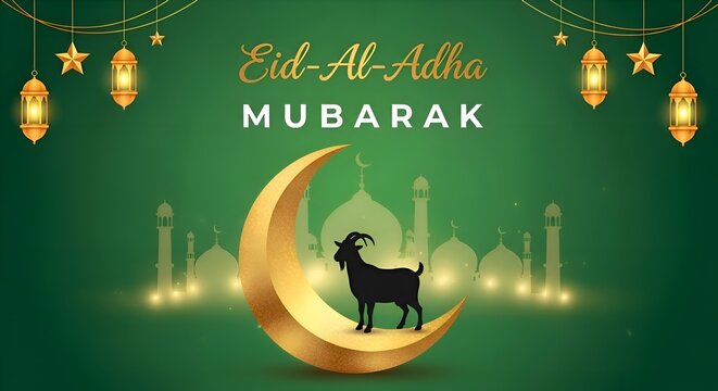 Traditional bakrid festival golden shiny card dersign with mosque, lights, moon, goat, and gradient background