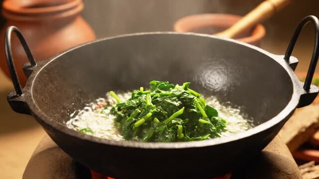 Traditional rural style cooking green vegetable india in a cast iron wok