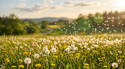 Fototapeta premium Golden Hour Sunlight Illuminates Dandelion Field with Seeds Drifting on a Gentle Breeze in a Verdant Rural Landscape