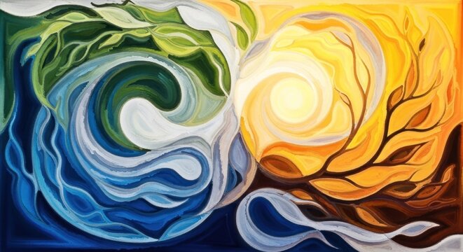 Two abstract, swirling shapes in blue and green, with a bright yellow sun in the background, set against a vibrant orange and yellow sky. 