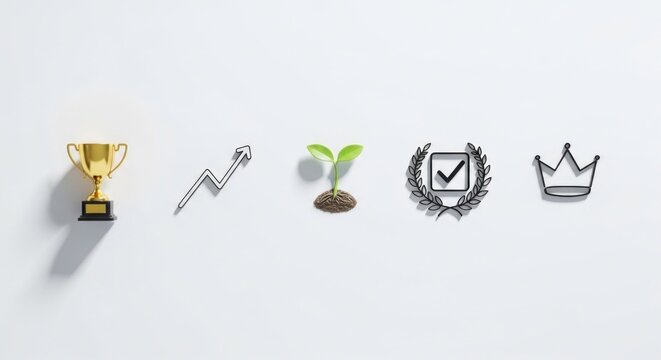A trophy, a growing plant, a checkmark, a crown, and a trophy with a checkmark on it, all set against a white background.