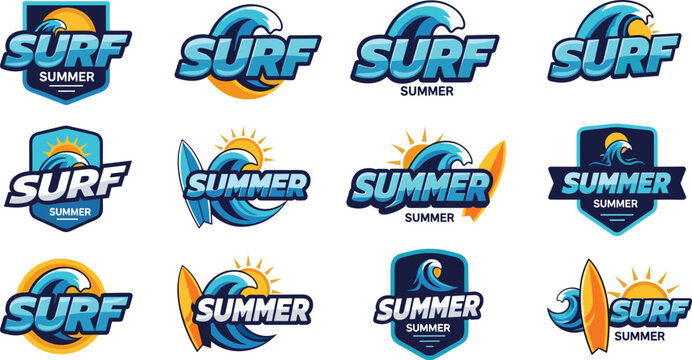 A compilation of colorful surf themed logos and emblems featuring waves suns surfboards and the words surf and summer high quality professional detailed