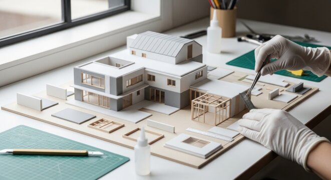 A detailed architectural model of a modern house, with a focus on the roof and the structure of the building, placed on a table with a window in the background.