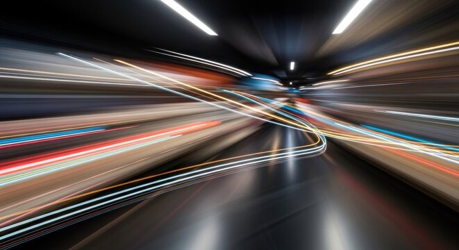 A tunnel with colorful light trails, illuminated by overhead lights, creating a dynamic and fast-paced atmosphere.