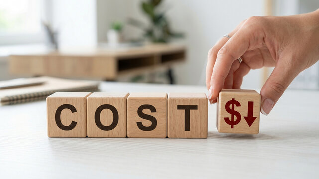 Cost reduction business concept with wooden blocks, hand placing dollar sign and down arrow cube, financial savings and budget management, Generative Ai