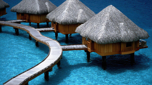 Overwater bungalows with thatched roofs connected by wooden walkways, floating above the turquoise ocean. The scene evokes a sense of tranquility and luxury.