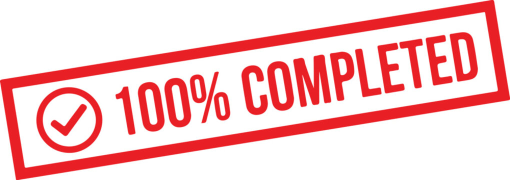 Red stamp with check mark and 100 percent completed text tick