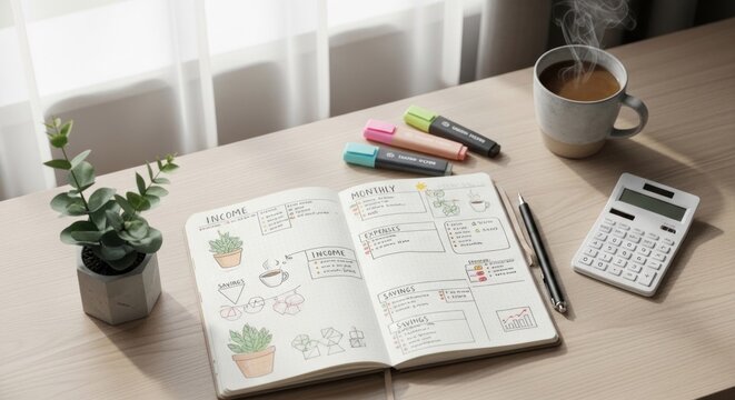 An open notebook with various drawings and notes on a wooden desk with a potted plant, a cup of coffee, and a calculator.