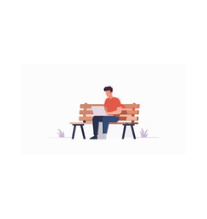 Fototapeta premium Cartoon man working on laptop in park sitting on bench remote work outdoor lifestyle vector illustration