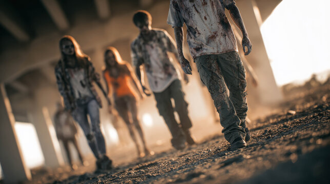 A gathering of the undead, creating an eerie atmosphere. The scene features multiple zombies walking together